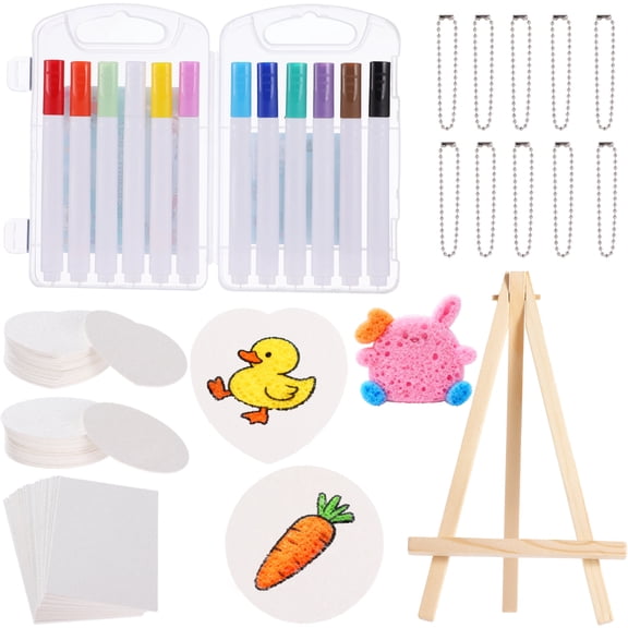 DIY Foam Texture Painting Kit, Foam Texture Paper Rectangle Heart Round, 12 Color Brush Tip Acrylic Paint Markers, Water Pens, Display Easel, Hanging Chains for Creative 3D Artwork DIY Crafts