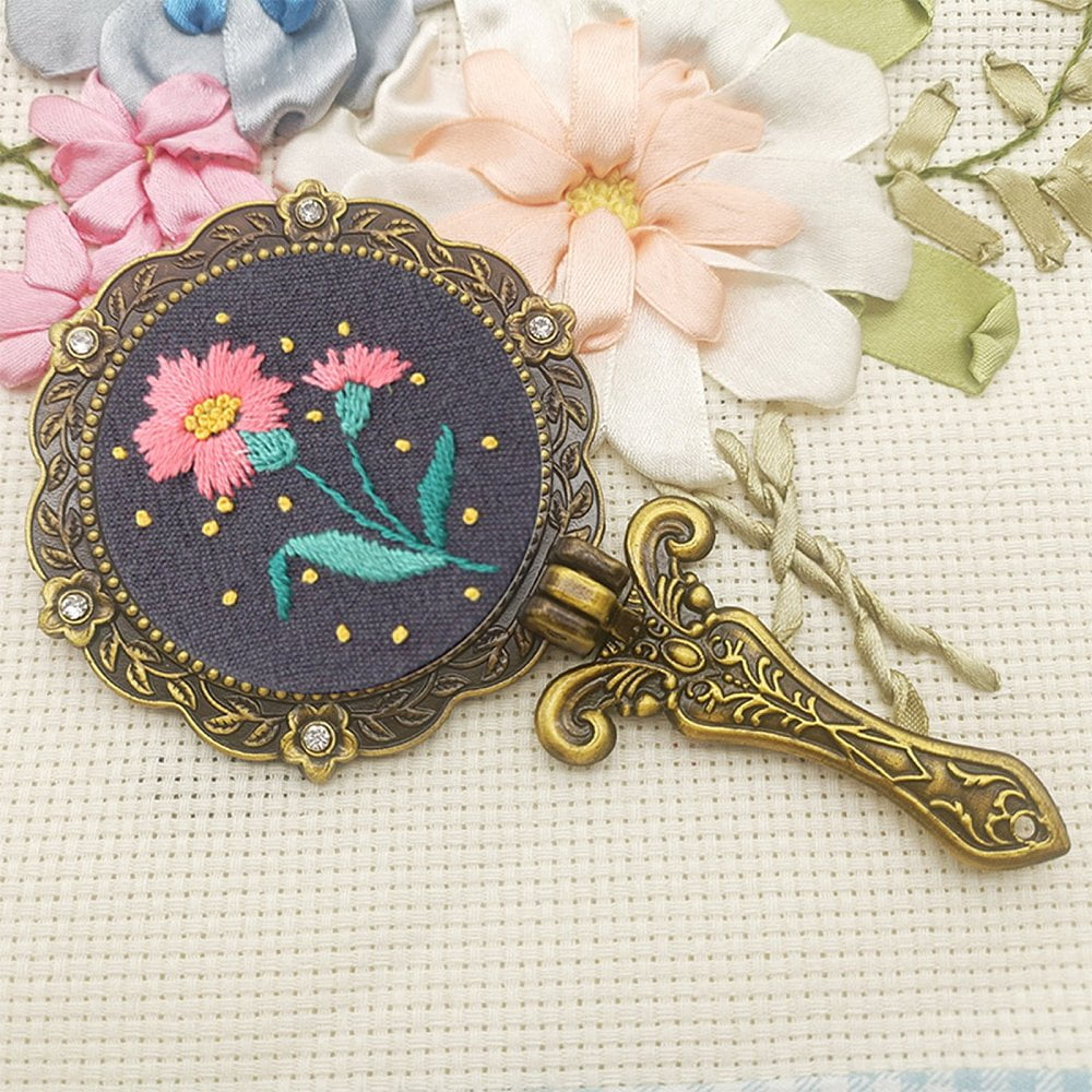 DIY Foldable Handheld Mirror Embroidery Starter Kit including Plastic Embroidery Frame Cloth Iron Needle Cotton Threads Brass Mirror Aluminum Findings Flower Pattern 7pcs/set