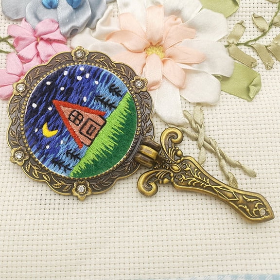 DIY Foldable Handheld Mirror Embroidery Starter Kit including Plastic Embroidery Frame Cloth Iron Needle Cotton Threads Brass Mirror