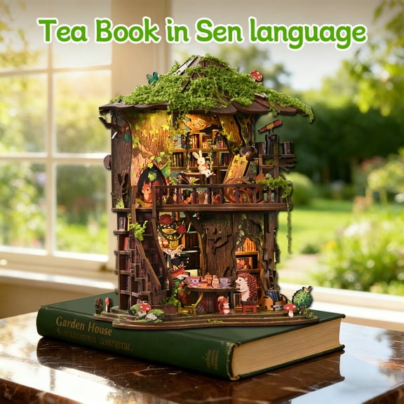 DIY Forest Treehouse Book Nook Forest Tea House Mini Hand-Assembly Cottage Fairy Tale Tabletop Ambient Bookcase Divider Ornament