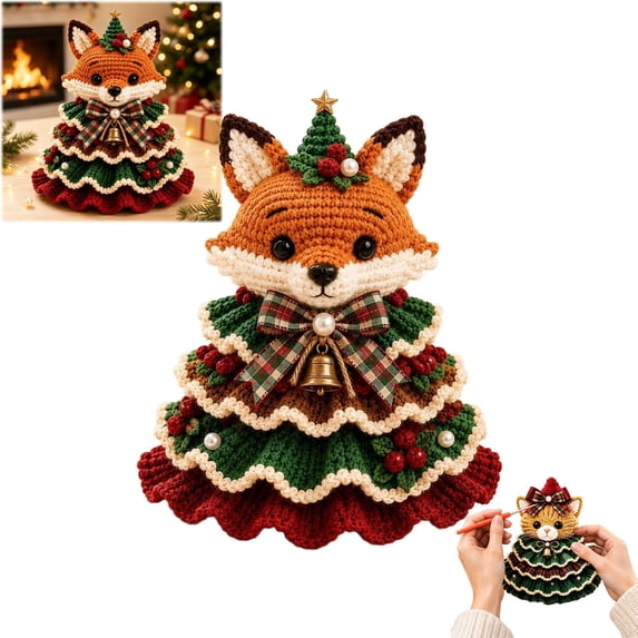 DIY Fox Christmas Tree Crochet Kit, Handmade Ornament Set with Pearl Beads Bell Bow Yarn Hook, Beginner Friendly, Multicolor, 20x20 cm, Cloth