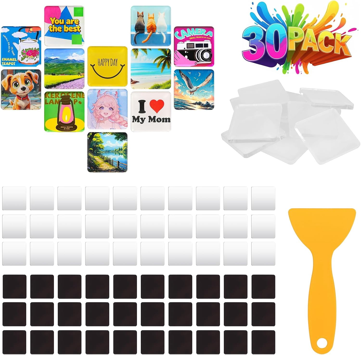 DIY Fridge Magnet Making Kit - 30 Sets, 2-Inch Acrylic Square Blanks with Adhesive Backing, No Sublimation Machine Needed, Easy Refrigerator Magnet Craft Supplies, Perfect Party Favors (30, Square)