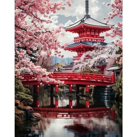 DIY Full Drill Diamond Art Kit: Red Bridge & Pagoda in Cherry Blossom Season, Japanese Scenery Wall Art