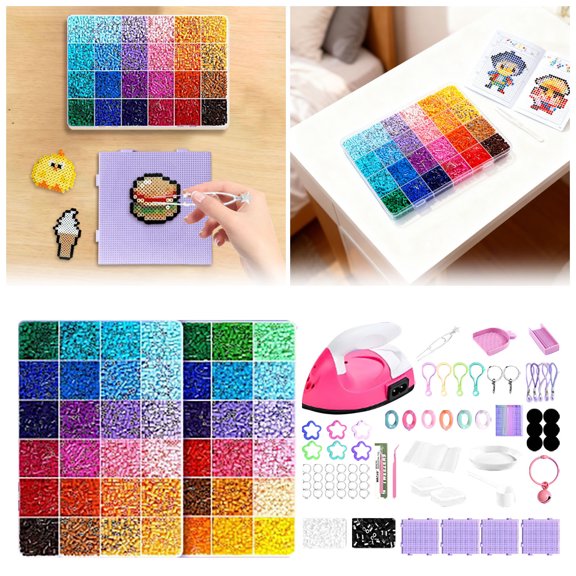 DIY Fuse Bead Kit for Kids and Adults - 48 Color Sparkling Gemstone Art Craft Set - Includes Iron, Pegboards, Tweezers, and Accessories - Creative DIY Project for Fine Motor Skills
