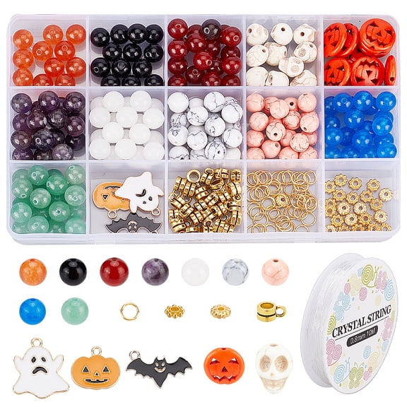 DIY Gemstone Bracelet Necklace Making Kit Including Round & Lantern Jack & Stone Beads Pumpkin Jack & & Bat Alloy Pendants Mixed Color