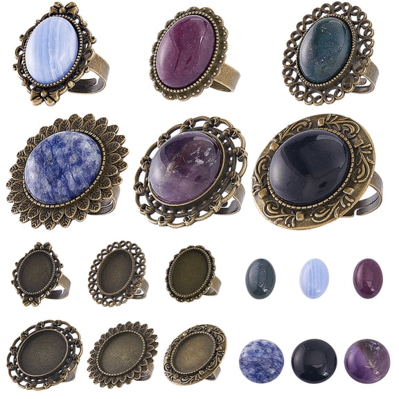 DIY Gemstone Finger Ring Making Kit Including Bowknot & Oval & Flower Adjustable Alloy Ring Settings Natural & Synthetic Mixed Stone Cabochons 12Pcs/bag