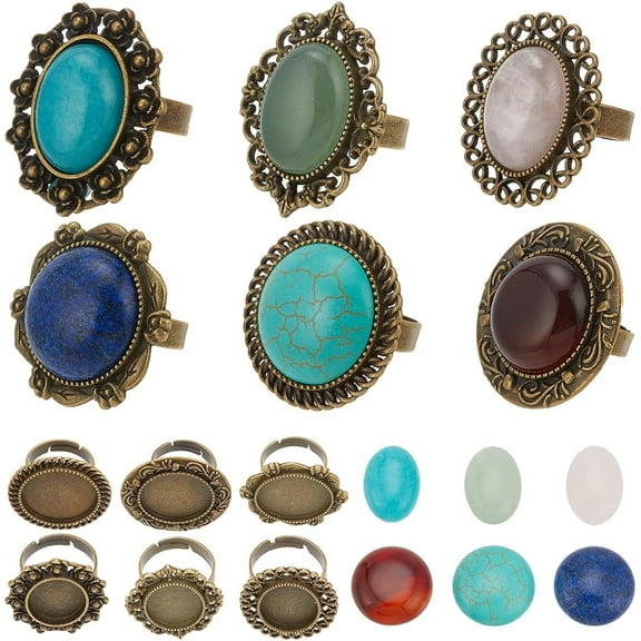 DIY Gemstone Finger Ring Making Kit Including Natural & Synthetic Mixed Stone Cabochons Flower & Oval & Flat Round Adjustable Alloy Ring Settings Antique Bronze 12Pcs/bag