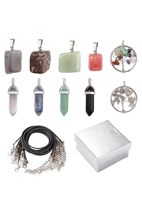 DIY Gemstone Necklace Making Kit Including Natural Mixed Gemstone Tree Nugget Pendants Waxed Cord Necklace Making 22Pcs/bag