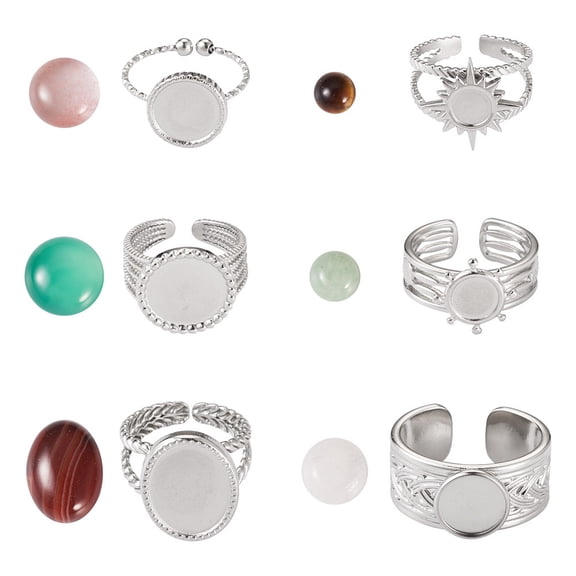 DIY Gemstone Ring Making Kit Inlcuding Flat Round 304 Stainless Steel Open Cuff Finger Ring Settings Natural Mixed Stone Half Round Cabochons 12Pcs/box