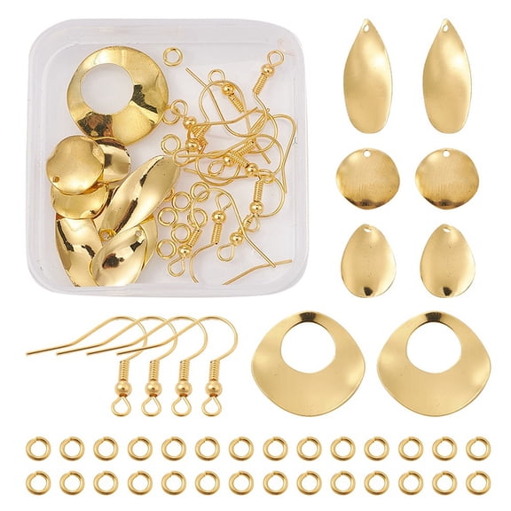 DIY Geometry Earring Making Kit Including Teardrop & Flat Round & Oval Brass Pendants & Jump Rings Iron Earring Hooks Real 18K golden Plated 28pcs/box