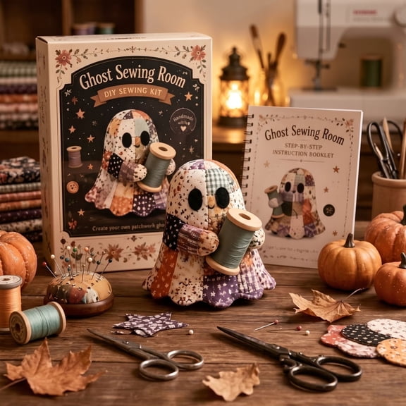 DIY Ghost Sewing Kit, Patchwork Fabric Craft Set for Halloween Handmade Doll Decor, 17cm