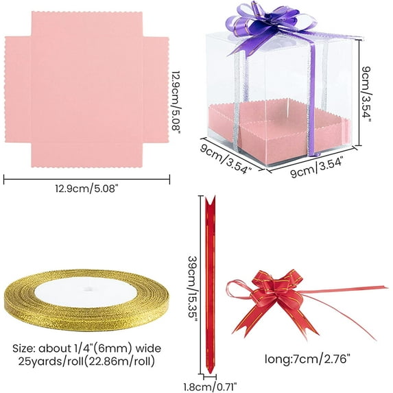 DIY Gift box Making with Plastic PVC box Gift Packaging Paper Bottom Holder Glitter Metallic Ribbon Elastic Packaging Ribbon Bows box: 9x9x9cm 20pcs/set
