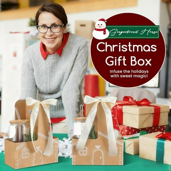 DIY Gingerbread House Christmas Gift Box & Cup Holder - Small Xmas Drinking Carrier with Handle, Holiday Party Favor Packaging, Durable Material, Perfect for Festive Gifting & Decor, 7*3*9in, Brown