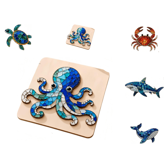 DIY Glass Craft Mosaic Kit, 3D Sea Creature Octopus Art Project, Beginner Friendly Desktop Plaque Picture Jigsaw, Bedroom Coastal Wall Hanging Decoration, Assorted Animal Theme