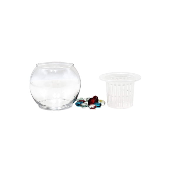 DIY Glass Hydroponic Planter Kit with Net Cup and Decorative Gems, Grow Your Plants in Water - Plant Not Included