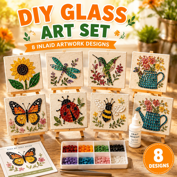DIY Glass Mosaic Art Craft Kit, Sunflower Butterfly Bee Dragonfly Hummingbird Pattern, Desktop Mosaic Tile Painting With Easel, Spring Nature Tabletop Decor & DIY Gift
