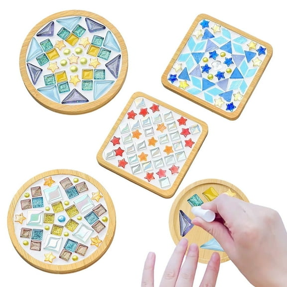 DIY Glass Mosaic Tile Kits 4 Sets with Wooden Coasters for Adults - Handmade Home Decor and Unique Gift Crafts