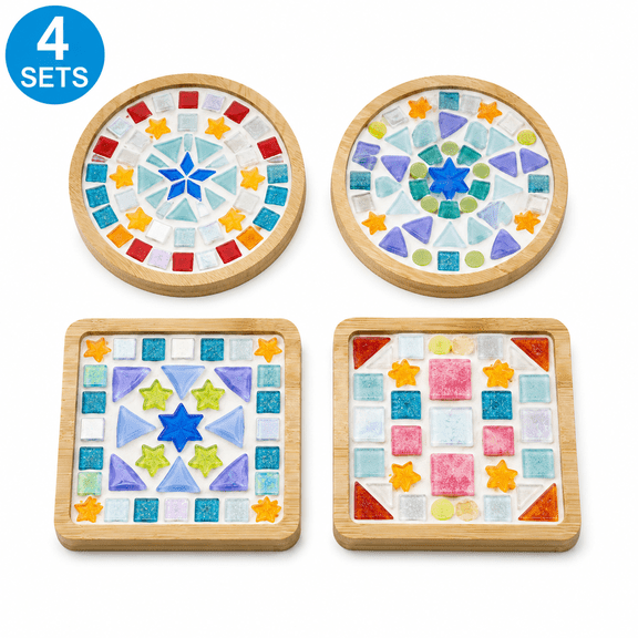 DIY Glass Mosaic Tile Kits 4 Sets with Wooden Coasters for Adults - Handmade Home Decor and Unique Gift Crafts