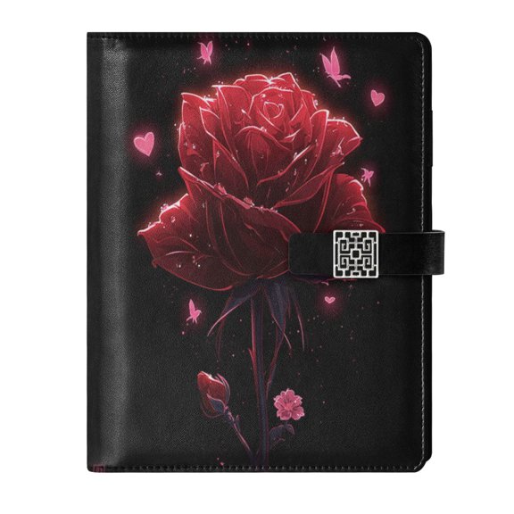 DIY Glowing Red Rose Printed Microfiber Leather Notebook 9.2x6.7" Refillable Binder Journal with Pen Loop&Pockets 100 Sheets