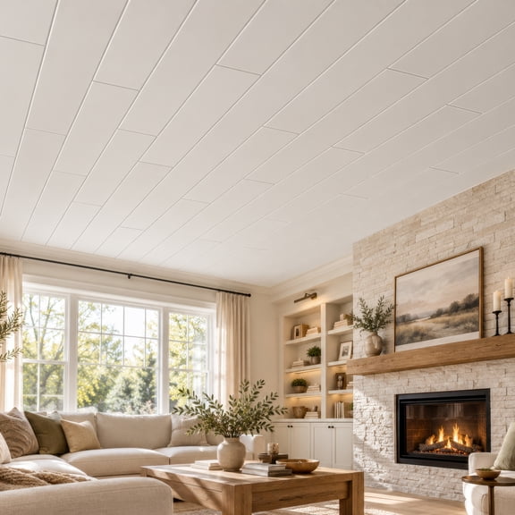 DIY Glue Up Ceiling Panels / Planks / Tiles - 39.3" x 6.5", Plain White, Pack of 12