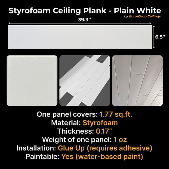 DIY Glue Up Ceiling Panels / Planks / Tiles - 39.3" x 6.5", Plain White, Pack of 36 (64 sq.ft.)