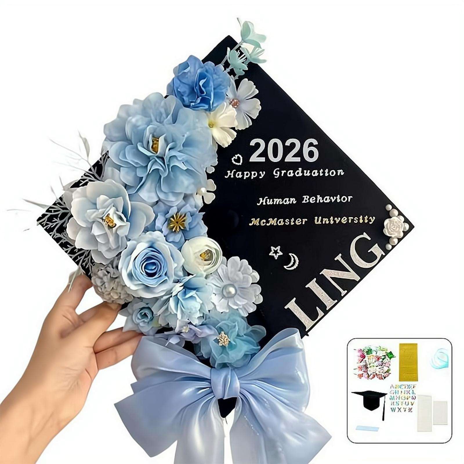 DIY Graduation Cap Decorations Accessory Kit, 3D Artificial Flowers, Butterfly & Alphabet Letter Stickers, Pearl Stickers, Bowknot for Grad Hats Decor
