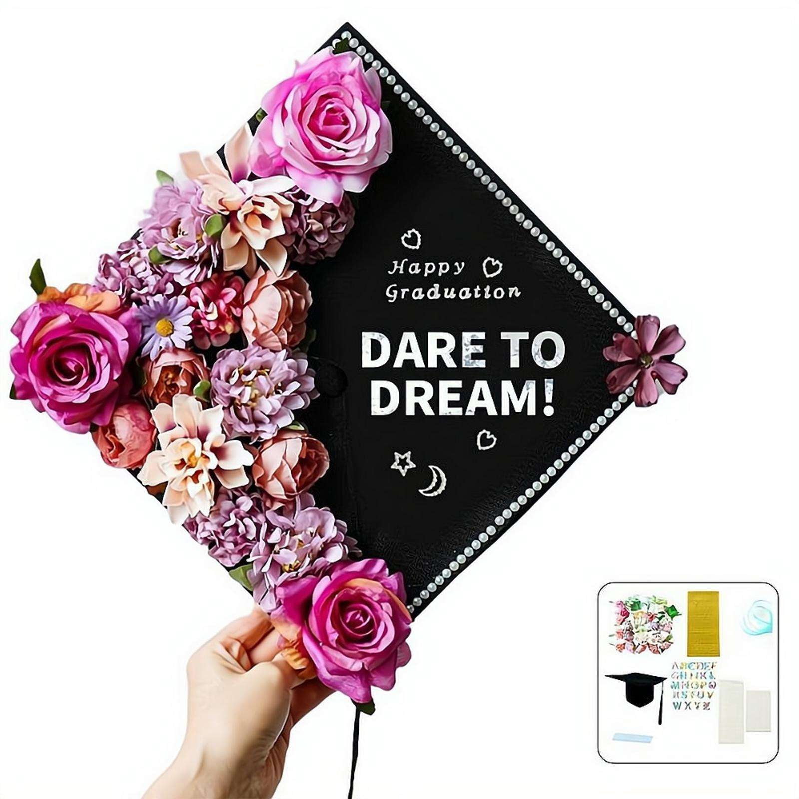 DIY Graduation Cap Decorations Accessory Kit, 3D Artificial Flowers, Butterfly & Alphabet Letter Stickers, Pearl Stickers, Bowknot for Grad Hats Decor
