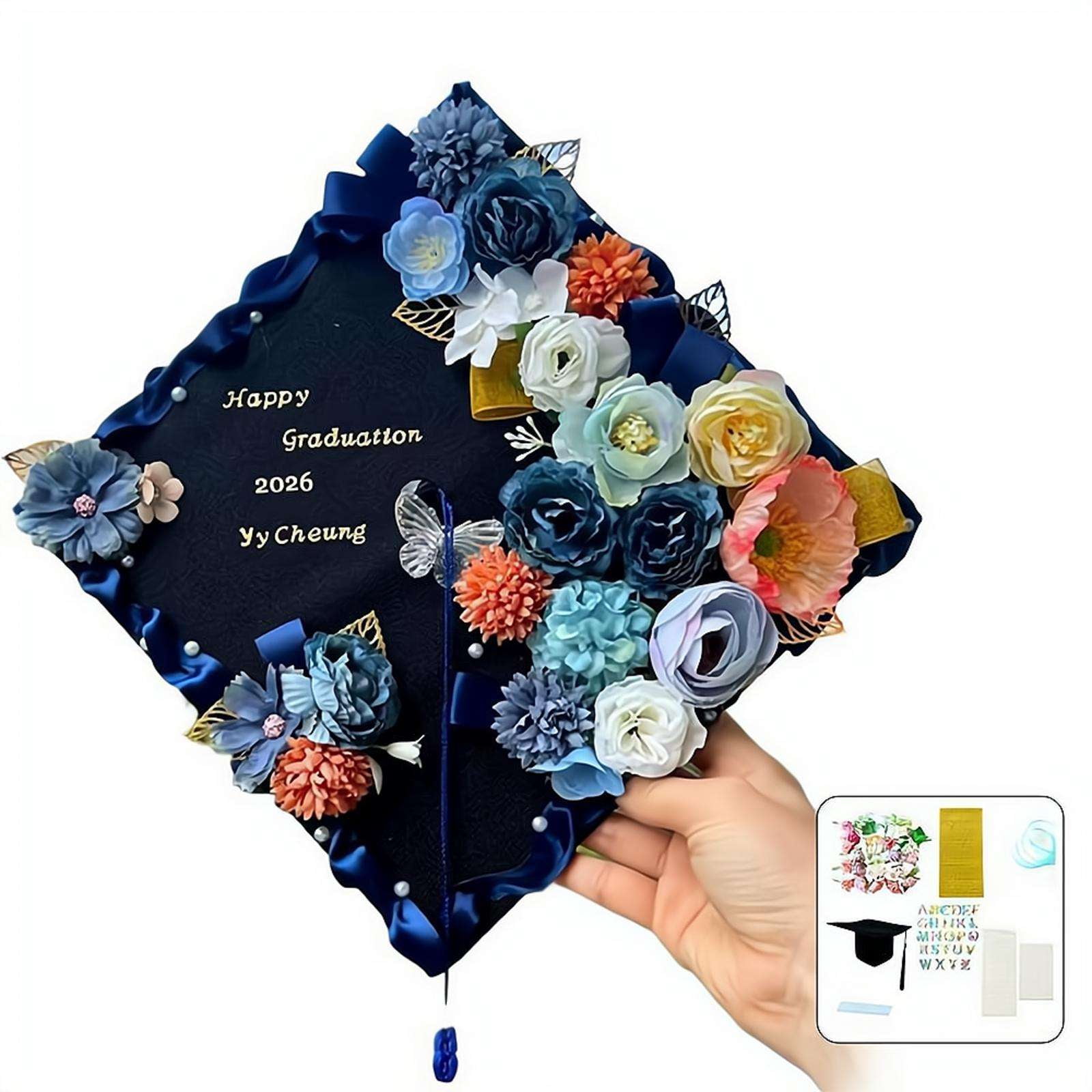 DIY Graduation Cap Decorations Accessory Kit, 3D Artificial Flowers, Butterfly & Alphabet Letter Stickers, Pearl Stickers, Bowknot for Grad Hats Decor