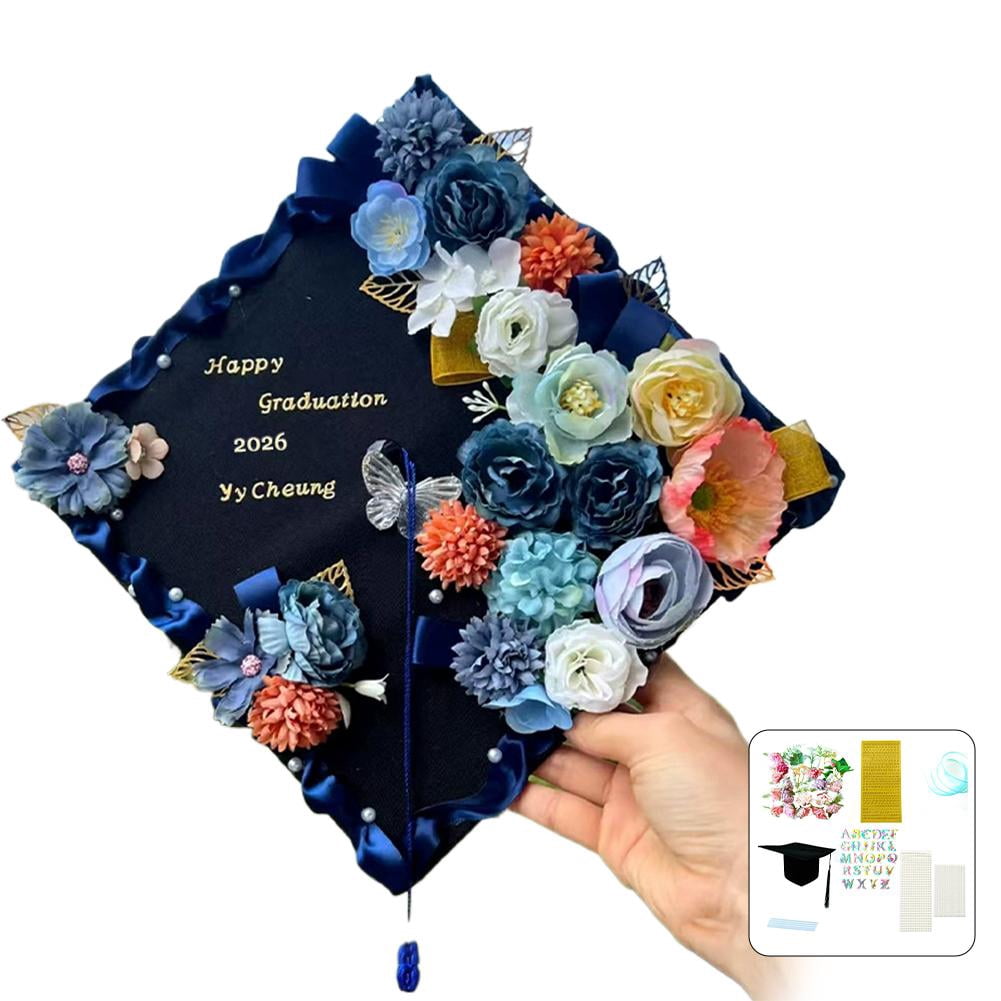 DIY Graduation Decorations Accessory Kit,Include 3D Artificial Flowers,Butterfly & Alphabet Letter Stickers,Pearl Stickers,Bowknot for DIY Hat Grad Topper Graduation Party Supplies
