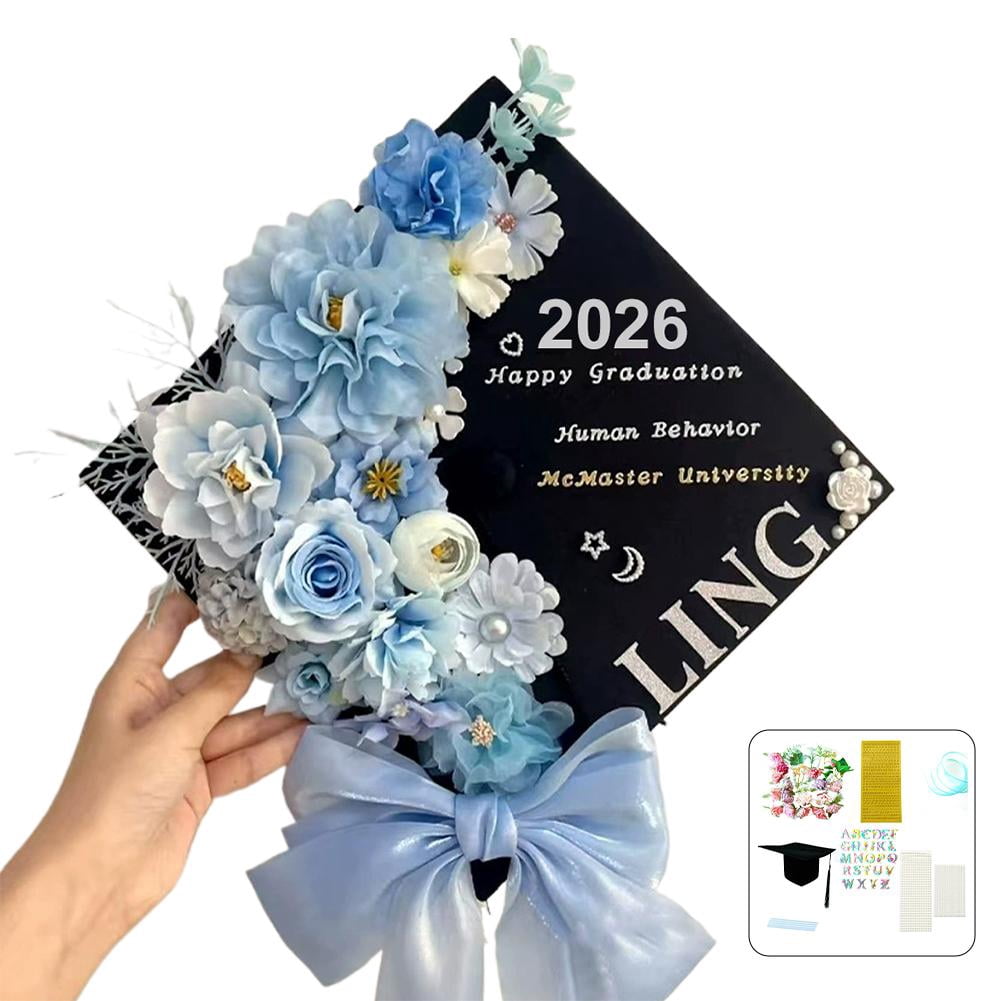 DIY Graduation Decorations Accessory Kit,Include 3D Artificial Flowers,Butterfly & Alphabet Letter Stickers,Pearl Stickers,Bowknot for DIY Hat Grad Topper Graduation Party Supplies