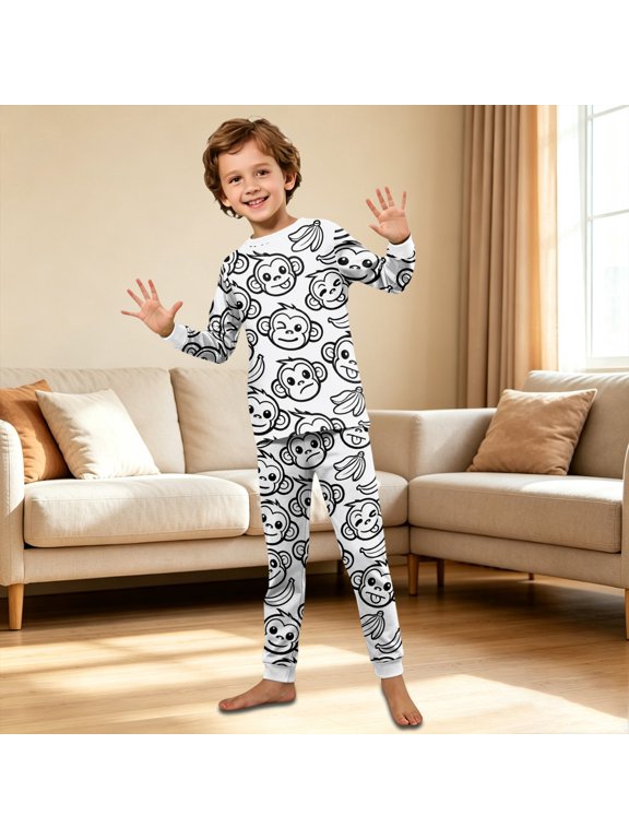 DIY Graffiti Family Matching Pajamas Set Monkey Coloring Print Long Sleeve Tops Pants Soft Sleepwear Outfits for Cozy Craft Evenings