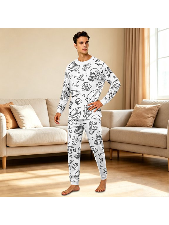 DIY Graffiti Matching Family Pajamas Set Ocean Print Long Sleeve Tops Pants Soft Sleepwear Homewear Outfits for Creative Photo Shoots