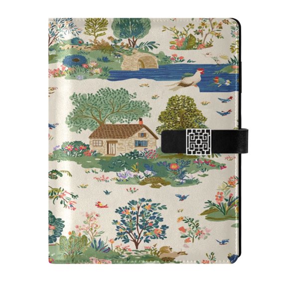 DIY Green Countryside Printed Microfiber Leather Notebook 9.2x6.7" Refillable Binder Journal with Pen Loop&Pockets 100 Sheets