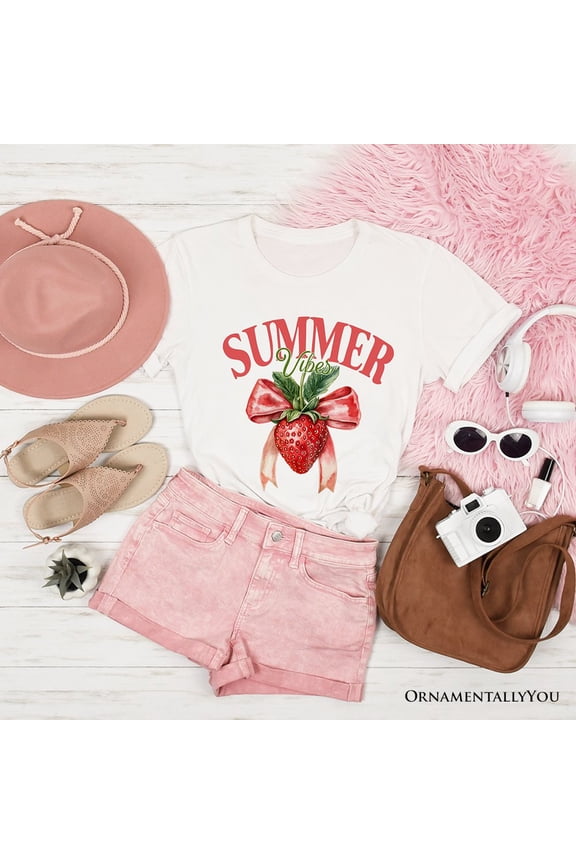 Summer Vibes Strawberry T-Shirt, White, Natural and Navy Seasonal Tee with Coquette Style