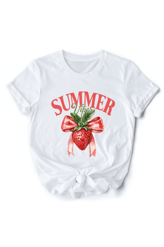 Summer Vibes Strawberry T-Shirt, White, Natural and Navy Seasonal Tee with Coquette Style