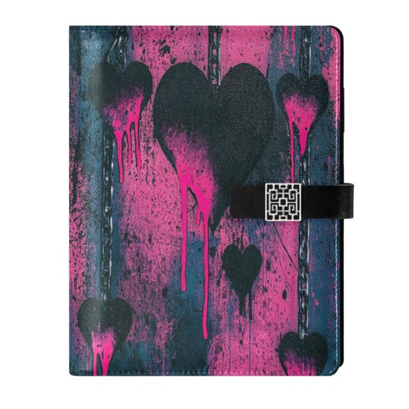 DIY Grunge Pink-hearts Printed Microfiber Leather Notebook 9.2x6.7" Refillable Binder Journal with Pen Loop&Pockets 100 Sheets