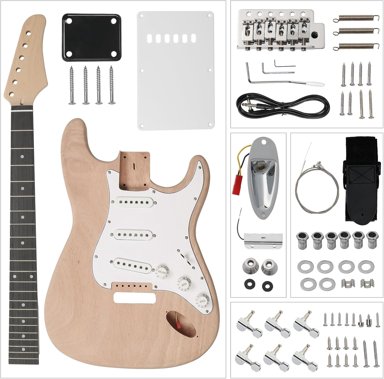 DIY Guitar Kit with Mahogany Body, Ebony Fingerboard and Maple Neck, 6 String DIY Electric Guitar Kit with Classic Design, Easy Installation & Full Equipment to Build Your Own Guitar (KST)