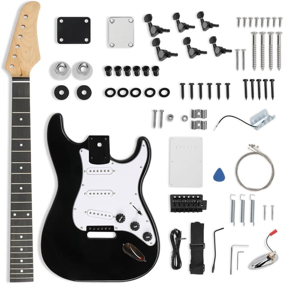 DIY Guitar Kit with Solid Body, Tech Fingerboard and Maple Neck, 6 String DIY Electric Guitar Kit with Classic Design, Easy Installation & Full Equipment to Build Your Own Guitar (KST-Black)