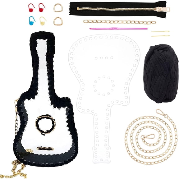 DIY Guitar Shape Purse Knitting Kit Including Acrylic Bag Frame Iron Cable Chain Bag Strap & Chains D-rings Aluminum Alloy Crochet Hook Plastic Marking Buckles