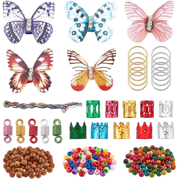 DIY Hair Styling Tools with Iron Open Jump Rings Acrylic European Beads Natural Wood Beads Aluminum Hair Coil Cuffs and Hair Braiding String Mixed color
