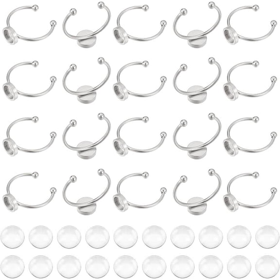 DIY Half Round Blank Dome Ring Making Kit Including 201 Stainless Steel Cuff Pad Ring Settings Glass Cabochons Stainless Steel Color 40Pcs/box