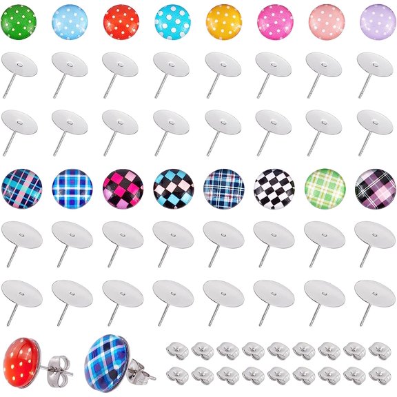 DIY Half Round with Tartan Pattern Stud Earrings Making Kit Include Glass Cabochons 304 Stainless Steel Stud Earring Settings 201 Stainless Steel Ear Nuts Mixed color Cabochons: 96pcs/box