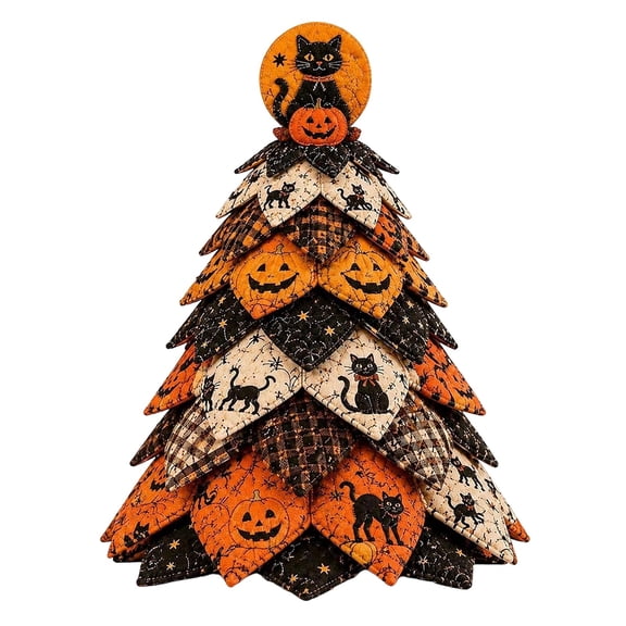 DIY Halloween Black Cat Fabric Tree, 7.08" Quilted Tabletop Halloween Tree Decor with Pumpkin Black Cat Patterns, Holiday Indoor Home Party Decoration DIY Craft Kit for Table Shelf Mantel Display