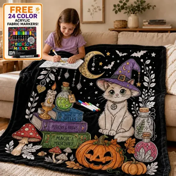 DIY Halloween Coloring Blanket Craft Activity Throw, Witch Cat Pumpkin Design