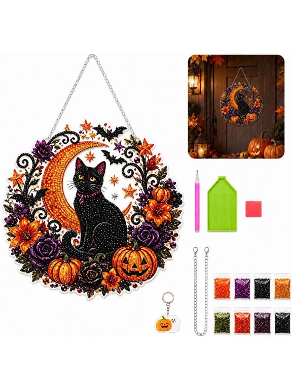 DIY Halloween Diamond Art Suncatcher Beaded Kit, Double-Sided Rhinestone Window Hanging Ornament, 5D Mosaic Craft Kit with Chain & Keychain for Autumn Home Decor (Black Cat Moon)