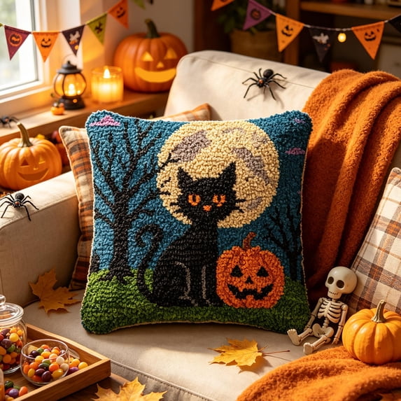 DIY Halloween Embroidered Pillow Kit, Printed Needlework Canvas with Yarn for Half Cross Stitch Cushion Cover, Handmade Fall Sofa Decor, Creative Crafting and Seasonal Home Accent, C