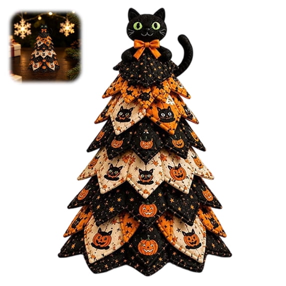 DIY Halloween Fabric Tree with Black Cat Topper, Orange & Black Tiered Patchwork Design, Spooky Kitten Tabletop Centerpiece for Home Office Decor, Cat Style, 1 Count