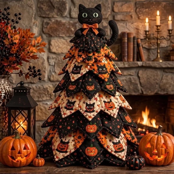 DIY Halloween Fabric Tree Kit, Quilted Black Cat 3D Tree Craft Set, Halloween Tabletop Shelf Decoration for Mantel and Home Display