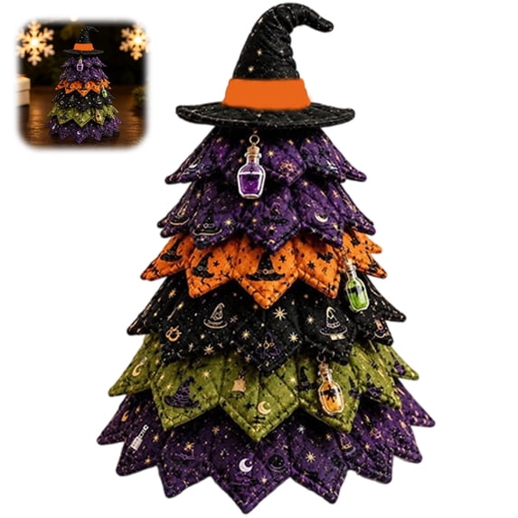 DIY Halloween Fabric Tree with Witch Hat Topper, Purple & Green Tiered Patchwork Design, Witches Broom Tabletop Decor for Home, Hat Style, 1 Count