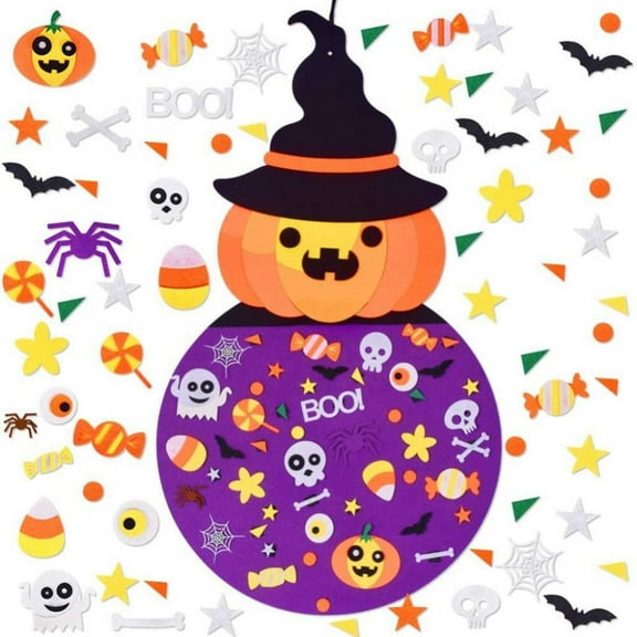 DIY Halloween Felt Pumpkin Witch Hanging with 48PCS Ornaments Halloween Party Favor DecorationsDecor for Kids Felt Crafts and Kits Adhesive Ornaments Indoors Outdoors